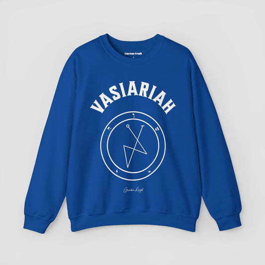 No.32 Shemhamphorasch Guardian Angel "Vasiariah"  Sweatshirt  in Royal Blue. With the seal of Vasiariah in white print on the front.