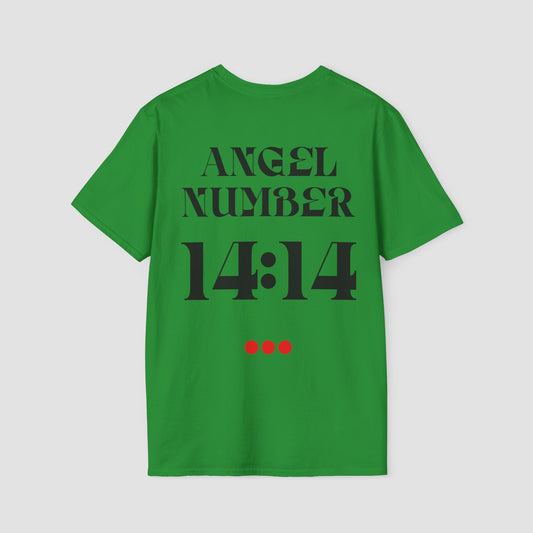Green t-shirt with 'ANGEL NUMBER 14:14' printed on the back against a light gray background