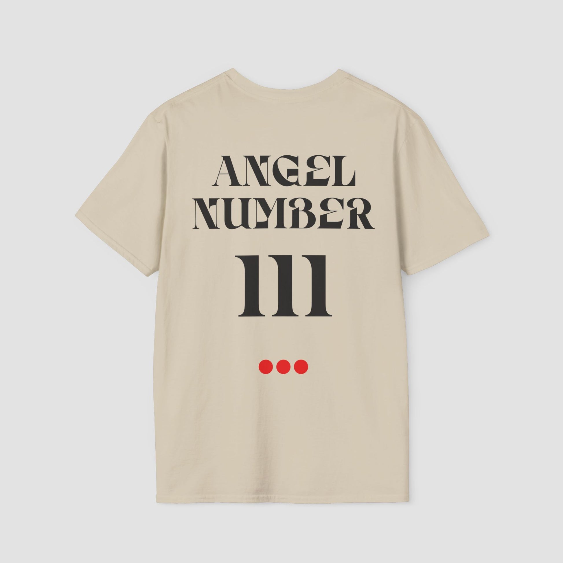 Beige t-shirt with 'ANGEL NUMBER 111' printed on the back against a light gray background