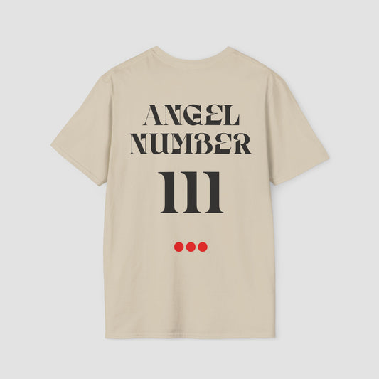 Beige t-shirt with 'ANGEL NUMBER 111' printed on the back against a light gray background