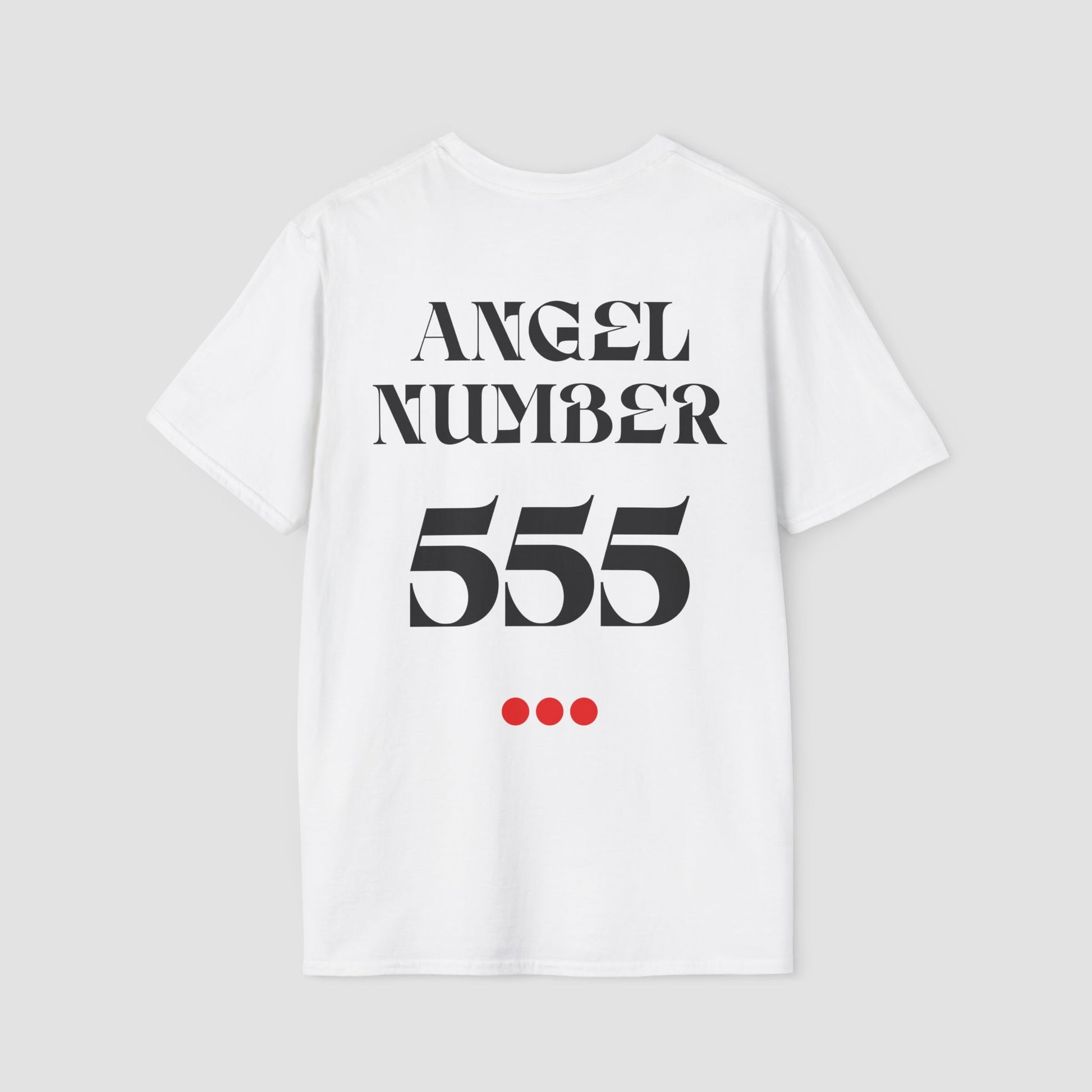 White t-shirt with 'ANGEL NUMBER 555' printed on a gray background
