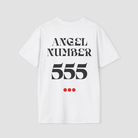 White t-shirt with 'ANGEL NUMBER 555' printed on a gray background