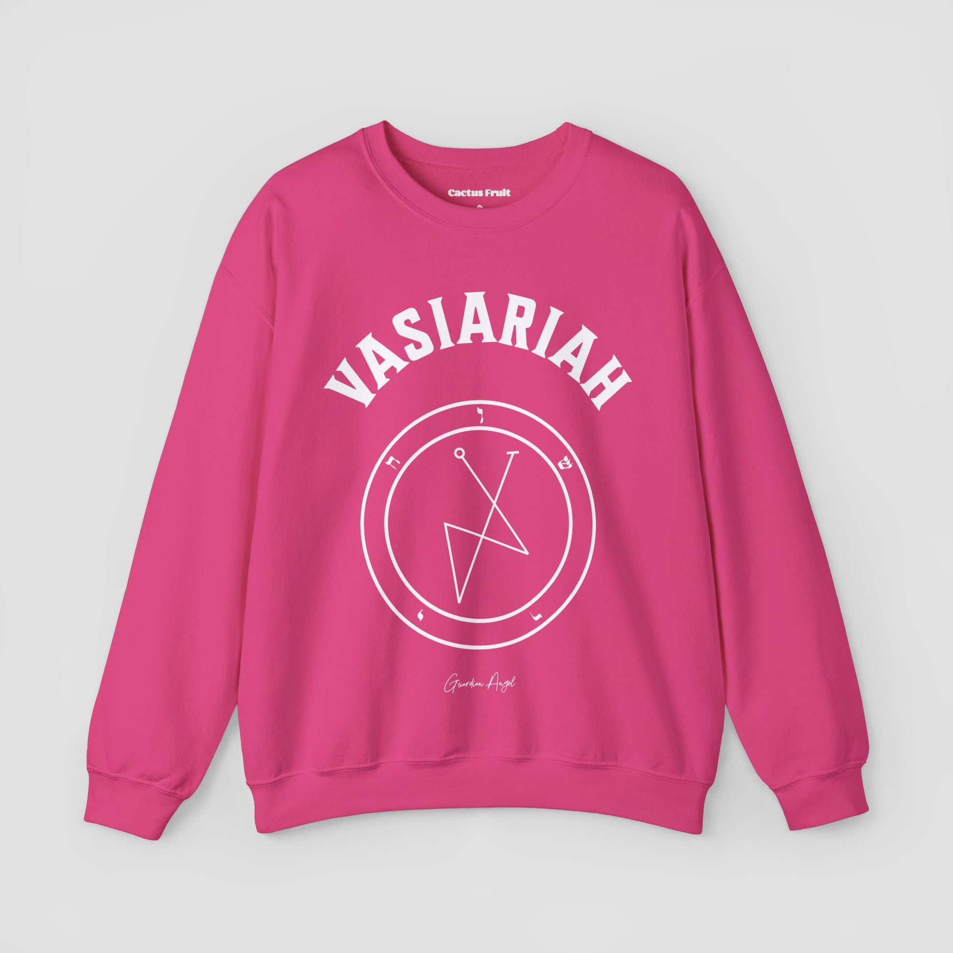 No.32 Shemhamphorasch Guardian Angel "Vasiariah"  Sweatshirt  in Heliconia Pink. With the seal of Vasiariah in white print on the front.
