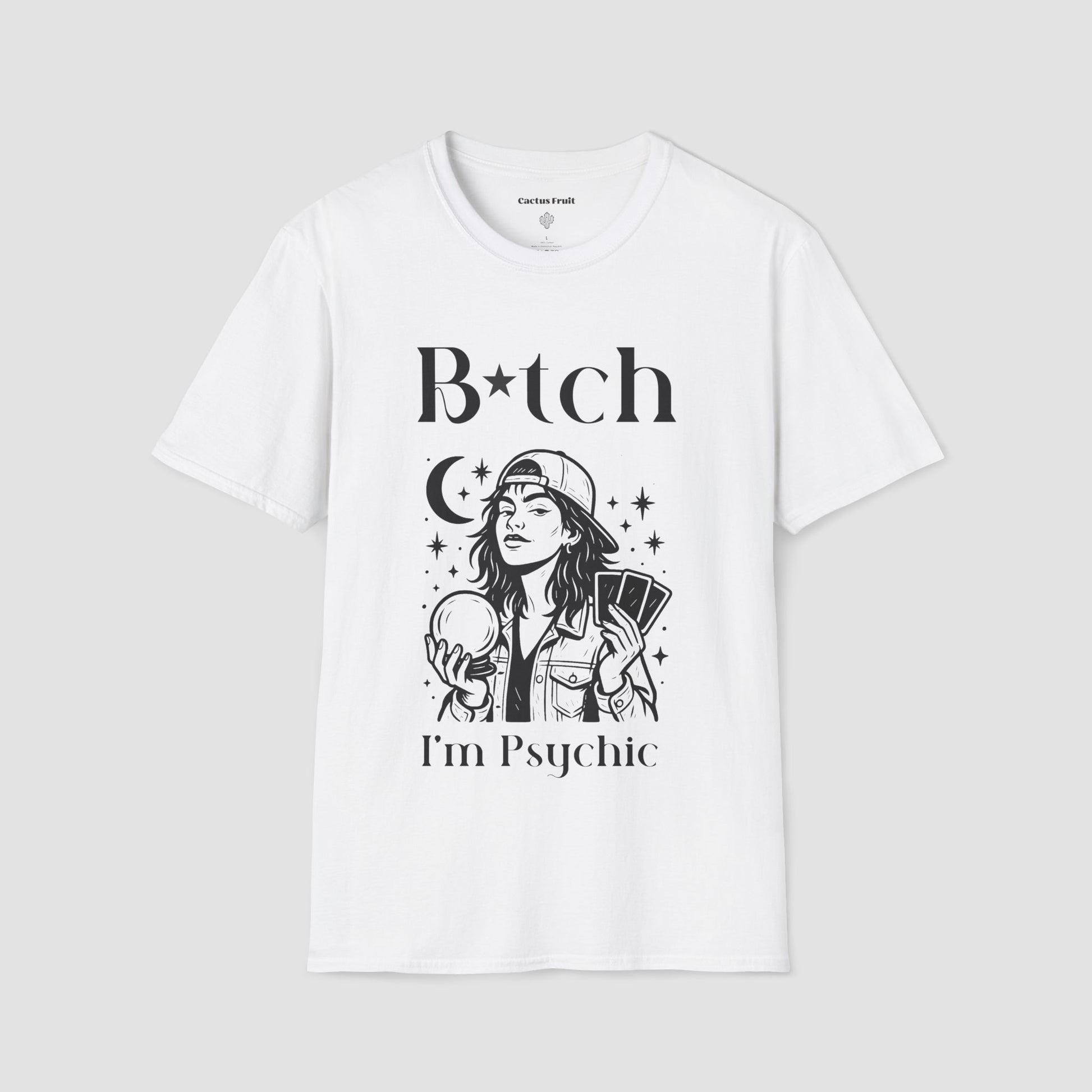 White Bitch I'm Psychic T-shirt with a graphic of a girl in baseball cap holding a Crystal Ball in one hand, and Tarot cards in the other hand. 