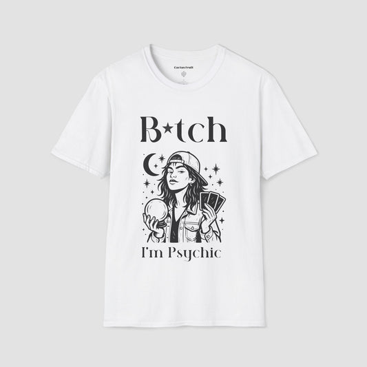 White Bitch I'm Psychic T-shirt with a graphic of a girl in baseball cap holding a Crystal Ball in one hand, and Tarot cards in the other hand. 