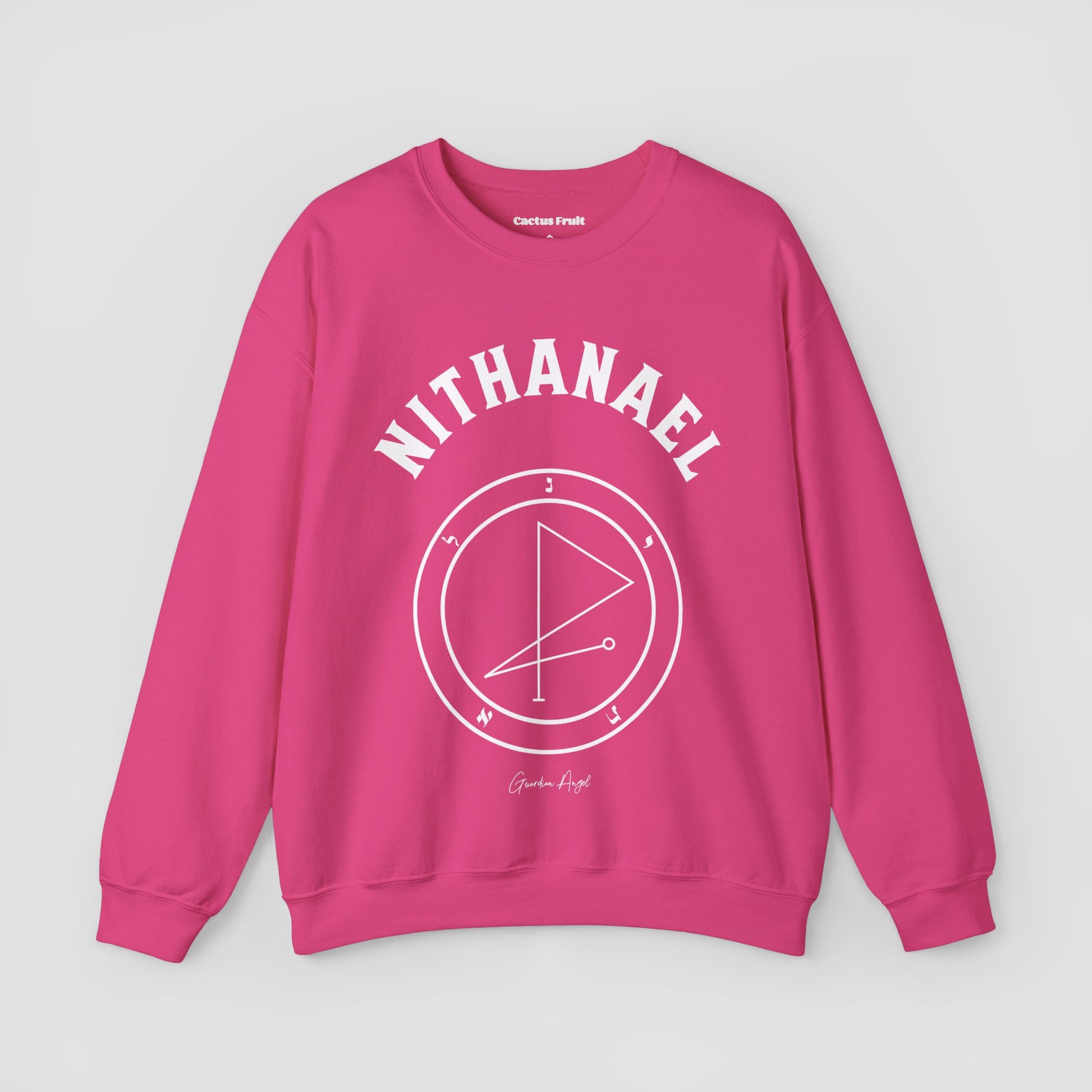 No.54 Shemhamphorasch Guardian Angel "Nithanael"  Sweatshirt  in Heliconia Pink. With the seal of Nithanael in white print on the front.