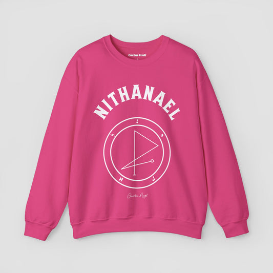 No.54 Shemhamphorasch Guardian Angel "Nithanael"  Sweatshirt  in Heliconia Pink. With the seal of Nithanael in white print on the front.