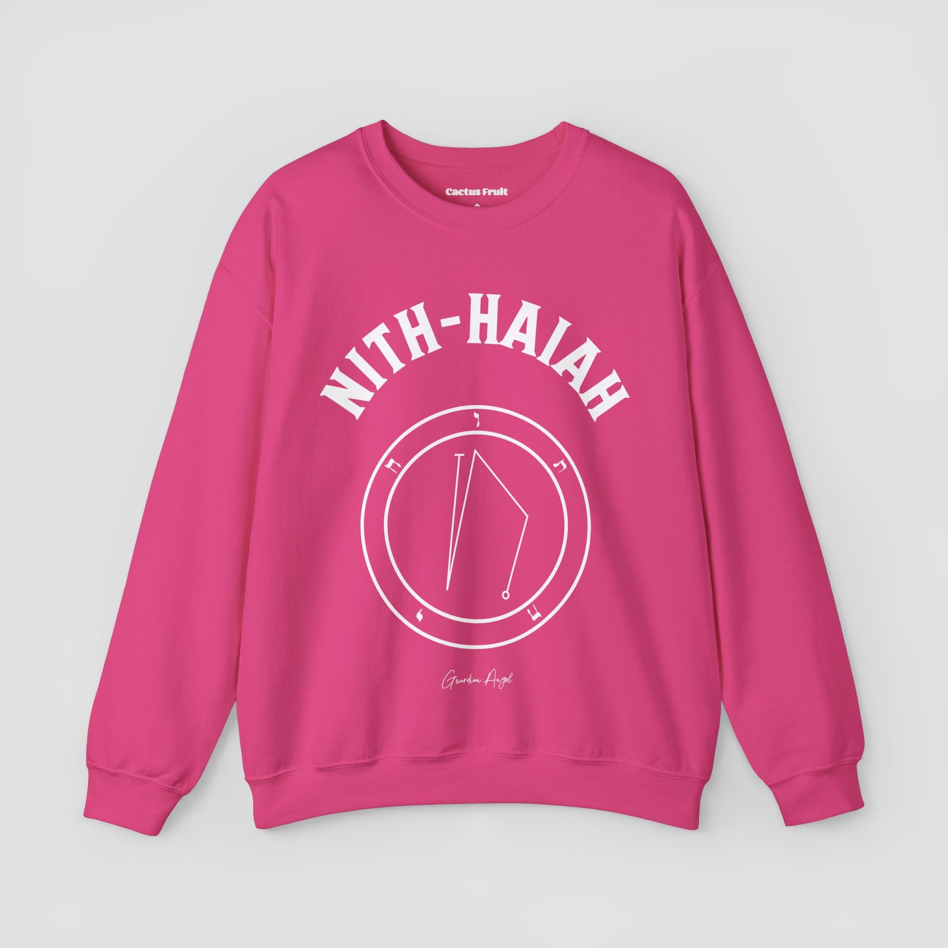 No.25 Shemhamphorasch Guardian Angel "Nith-Haiah"  Sweatshirt  in Heliconia Pink. With the seal of Nith-Haiah in white print on the front. 