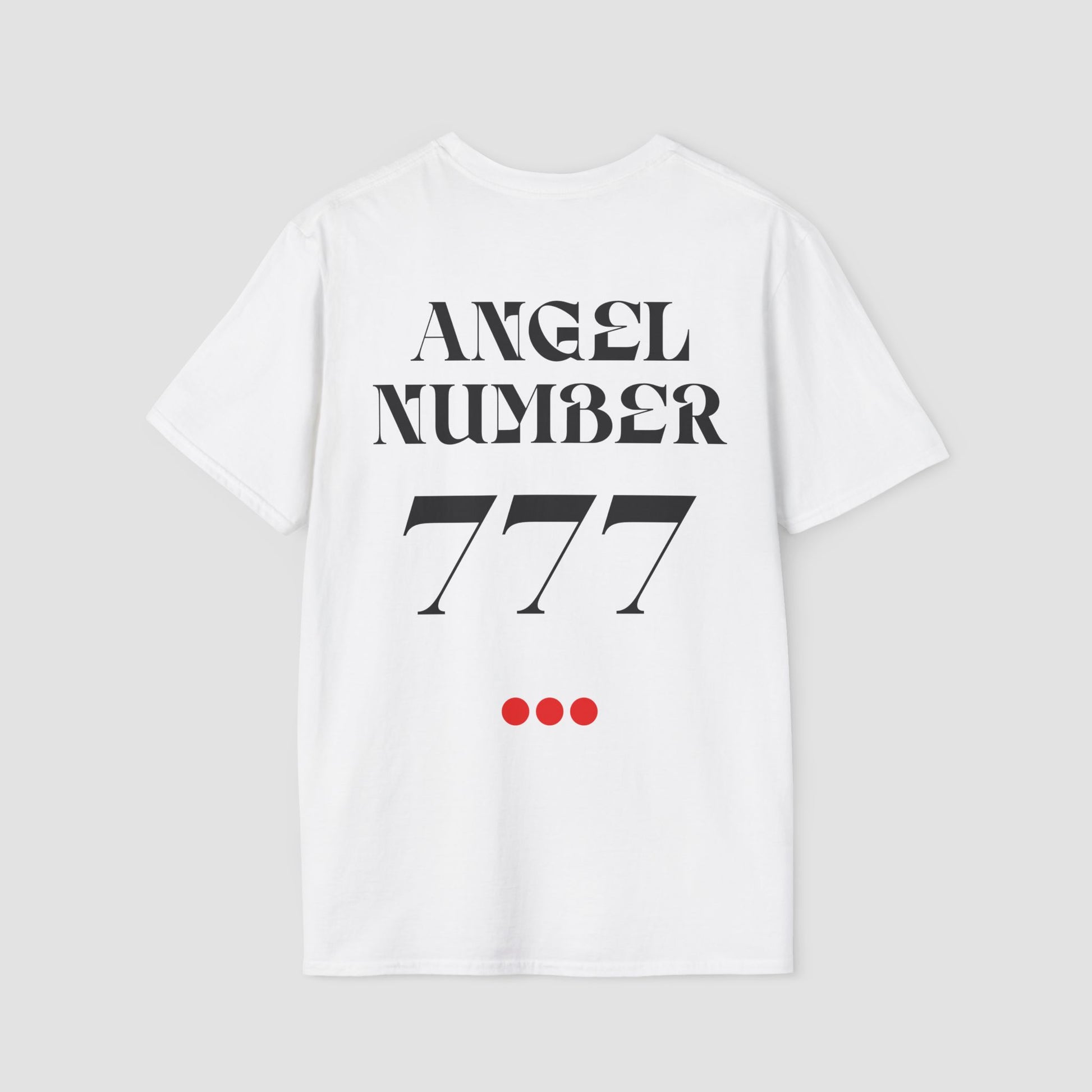 White coloured Tee with Angel Number 777 depicted on the back in black print and underscored by 3 red dots. A slogan is written across the front saying, "Read the signs" . 