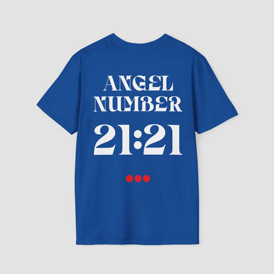Royal Blue Tee with Angel Number 21:21 depicted on the back in white print and underscored by 3 red dots. A slogan is written across the front saying, "Read the signs" . 