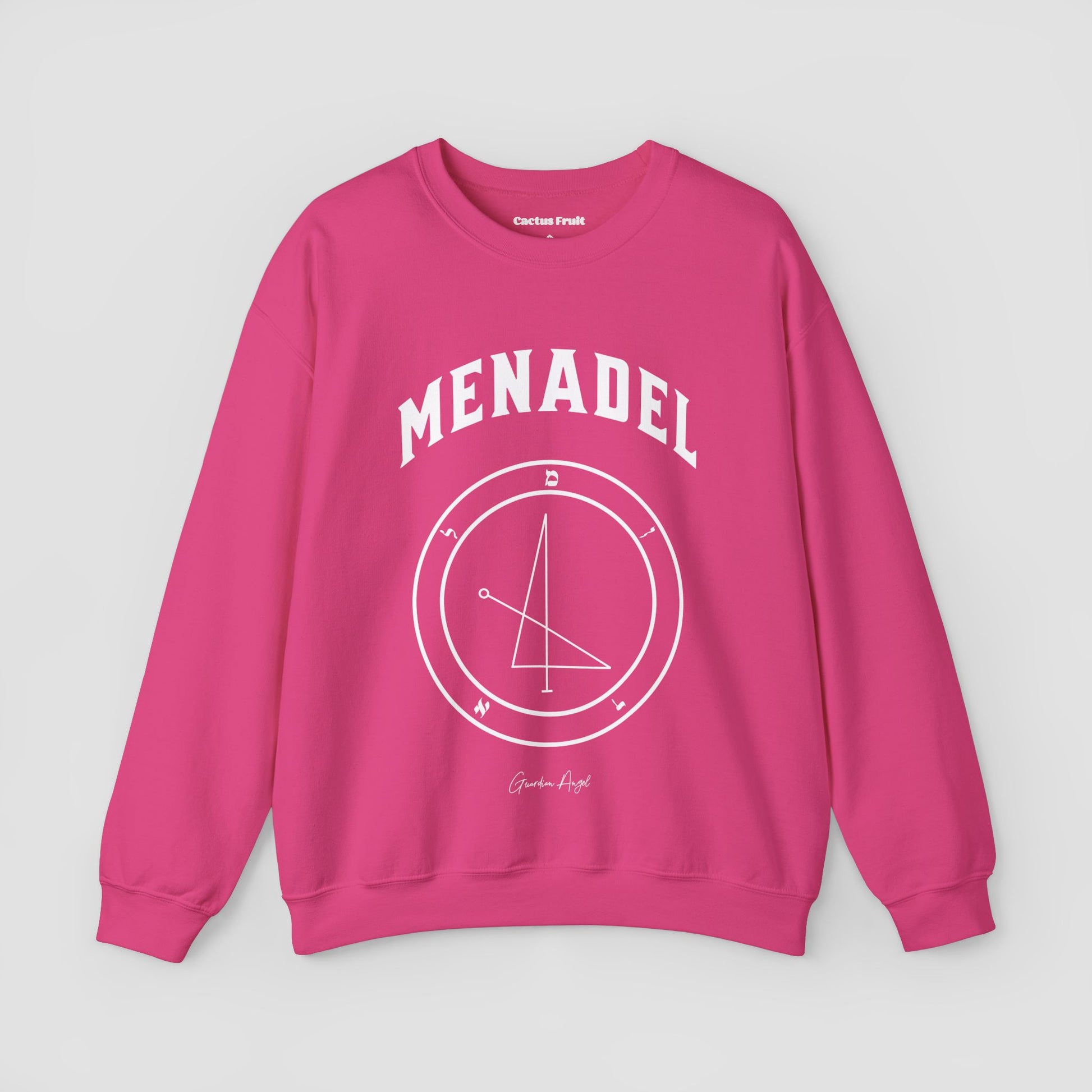 No.36 Shemhamphorasch Guardian Angel "Menadel"  Sweatshirt  in Heliconia Pink. With the seal of Menadel in white print on the front.