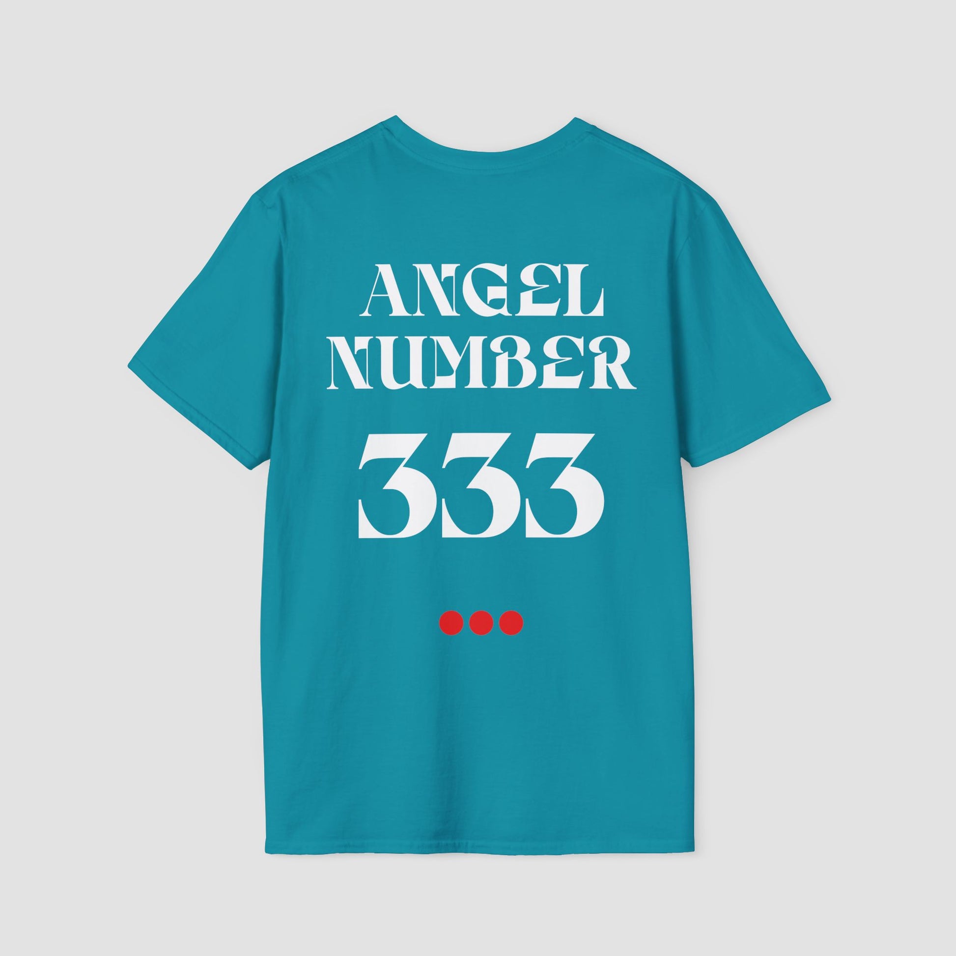 Teal t-shirt with 'ANGEL NUMBER 333' printed on the back against a light gray background