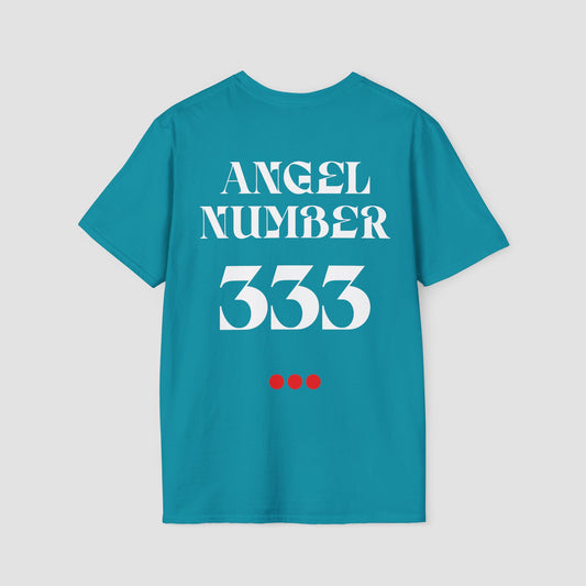 Teal t-shirt with 'ANGEL NUMBER 333' printed on the back against a light gray background