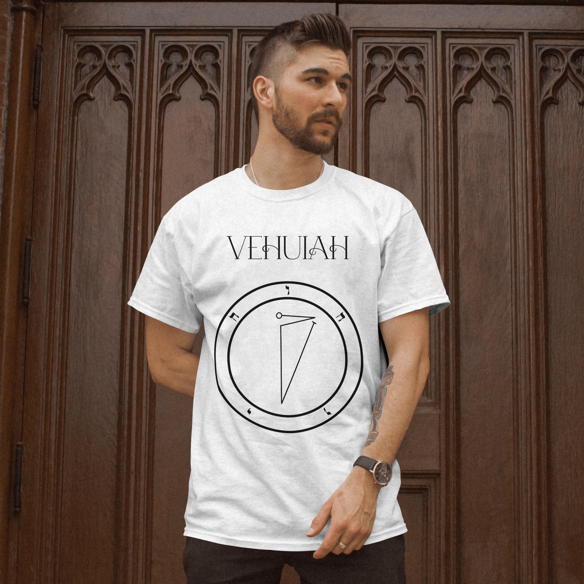 Model wearing a No.1 Vehuiah Shem Hamephorash Guardian Angel T-Shirt in White with symbol of Vehuiah on front. 