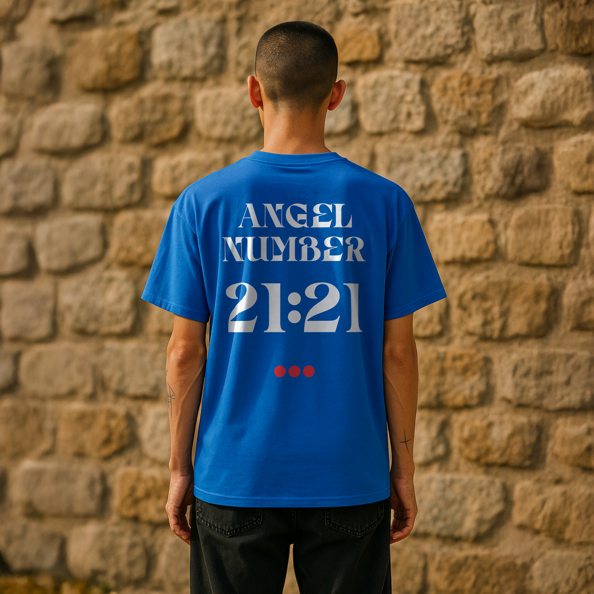 Model wearing a Royal Blue Tee with Angel Number 21:21 depicted on the back in white print and underscored by 3 red dots. A slogan is written across the front saying, "Read the signs" . 