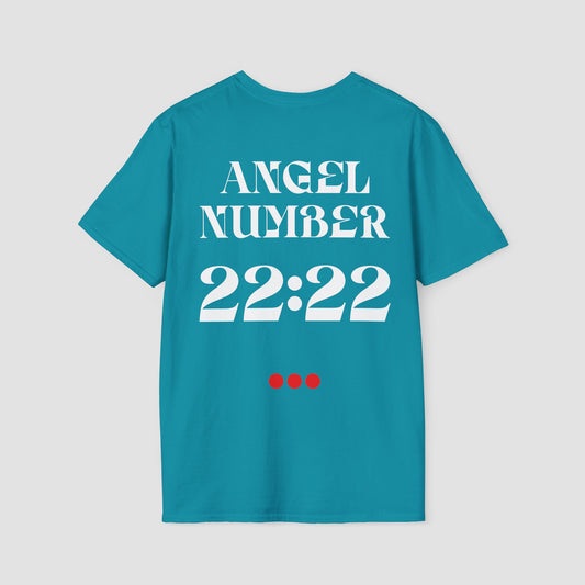 Tropical Blue Tee with Angel Number 22:22 depicted on the back in white print and underscored by 3 red dots. A slogan is written across the front saying, "Read the signs" . 