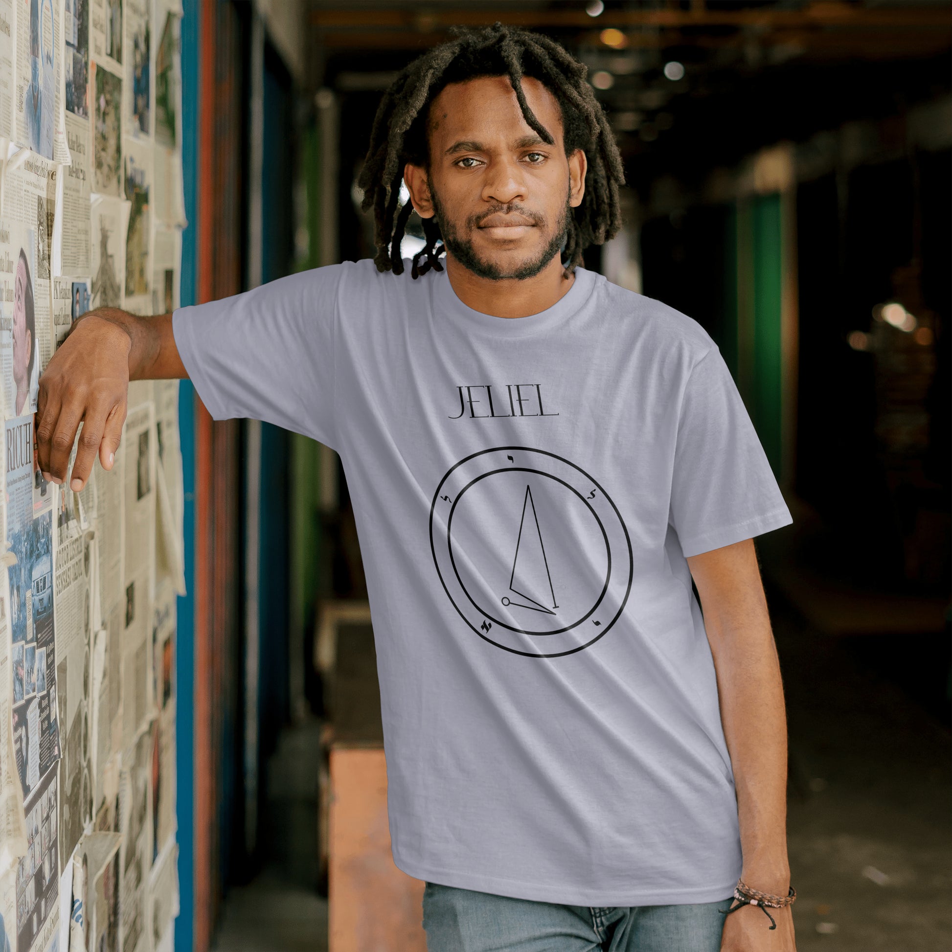 Model wearing a Jeliel Guardian Angel T-Shirt in Lavender with symbol of Jeliel on front. 