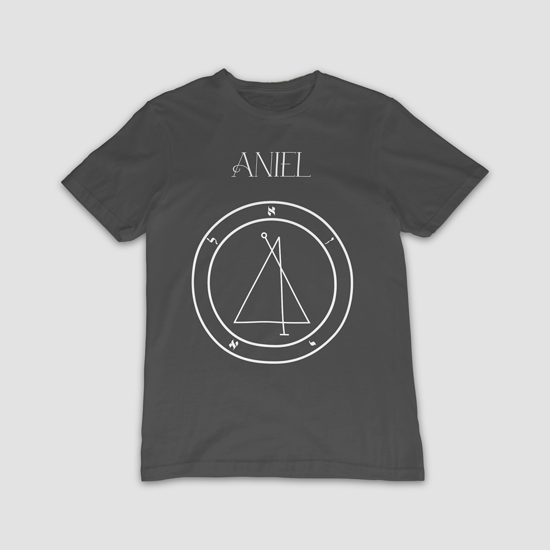 No.37 Aniel Hamephorash Guardian Angel T-Shirt in charcoal with symbol of Aniel on front. 