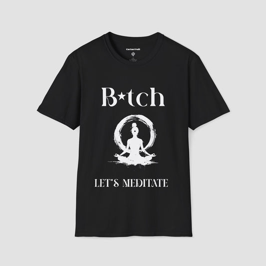 Black t-shirt with white silhouette of female sat in a Yoga pose and the words Bitch Let's Meditate.