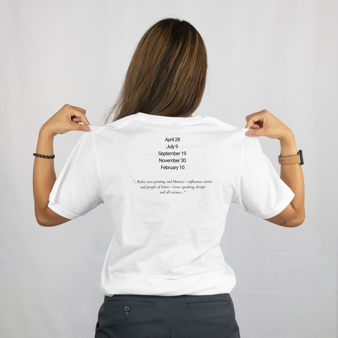 Attributes of No.40 Ieiazel Shem Hamephorash Guardian Angel written on the back of a white T-Shirt.