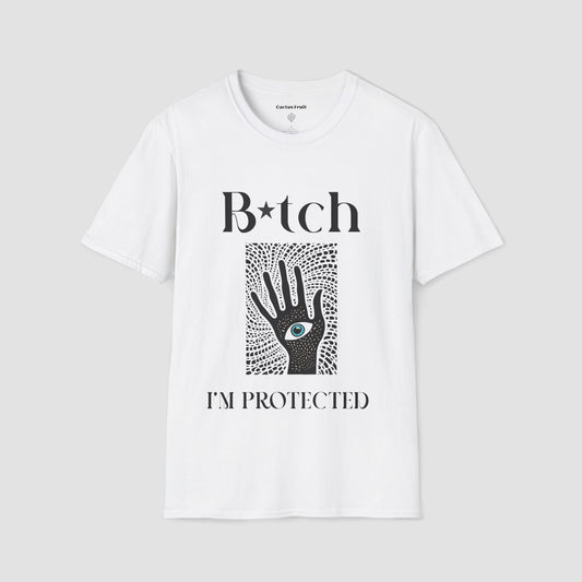 White t-shirt featuring the black silhouette of a hand with an evil eye emblem on the palm - surrounded by the slogan, "Bitch I'm Protected"