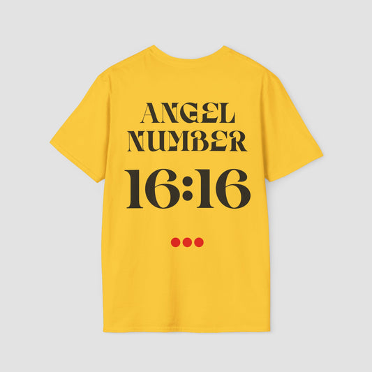 Yellow t-shirt with 'ANGEL NUMBER 16:16' printed on the back against a light gray background