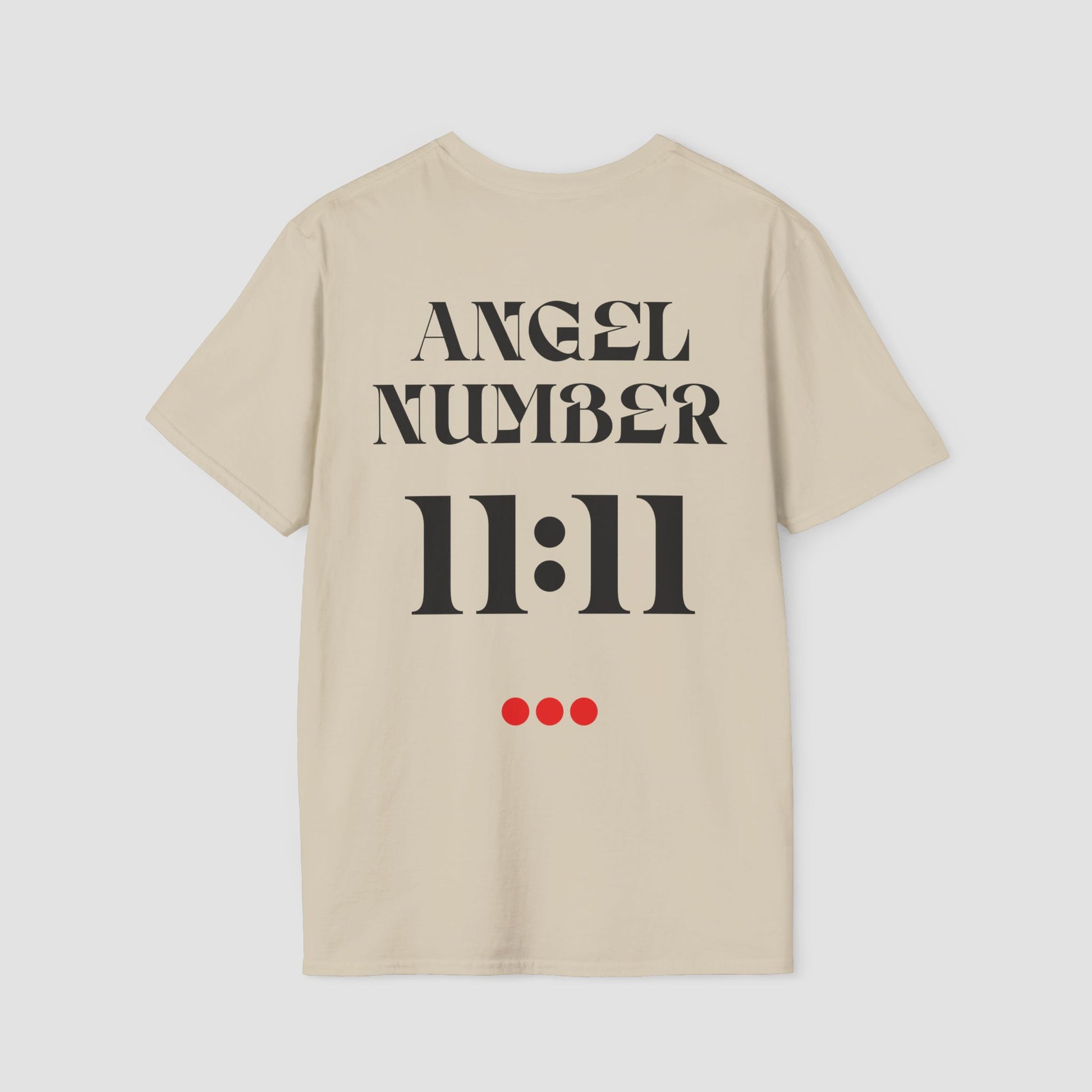 Beige t-shirt with 'ANGEL NUMBER 11:11' printed on the back against a light gray background