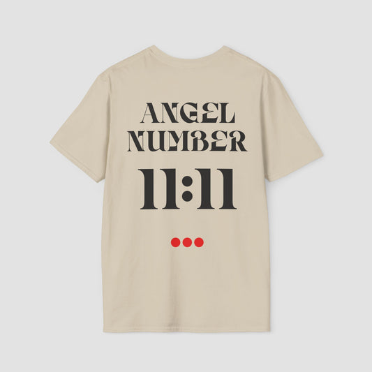 Beige t-shirt with 'ANGEL NUMBER 11:11' printed on the back against a light gray background