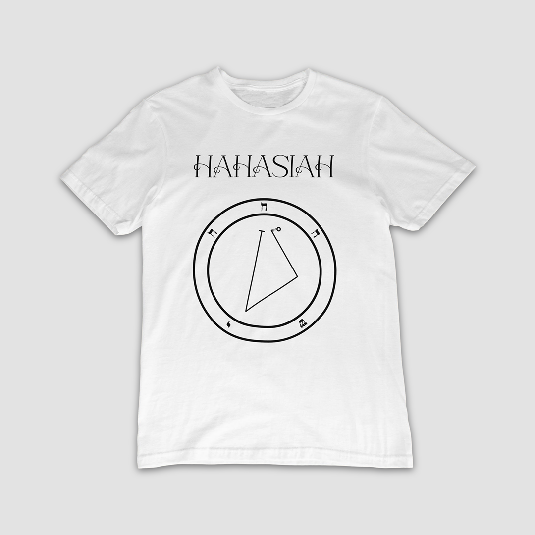 No.51 Hahasiah Shem Hamephorash Guardian Angel T-Shirt in White with symbol of Hahasiah on front.