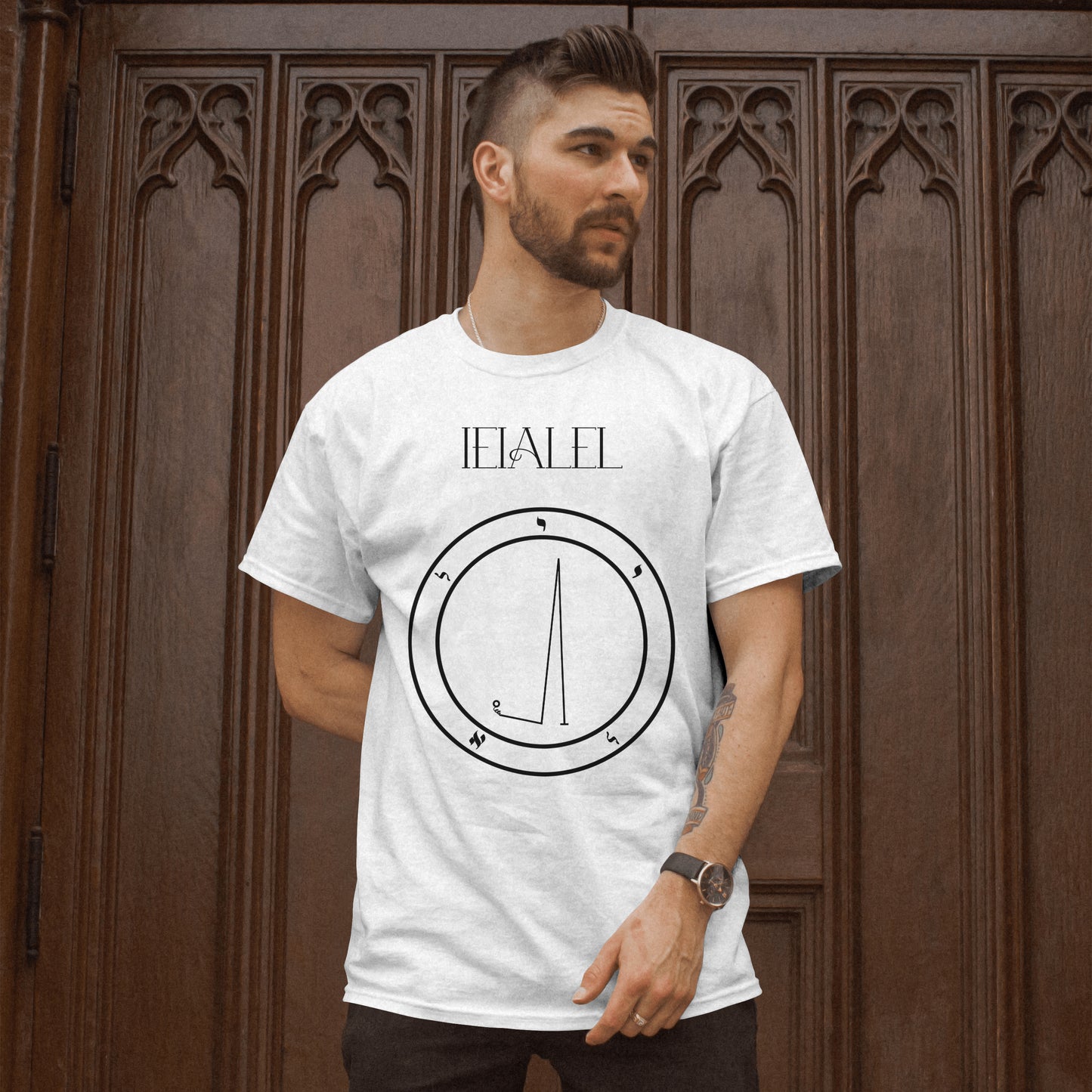 Model wearing No.58 Ieialel Shem Hamephorash Guardian Angel T-Shirt in White with symbol of Ieialel on front. 