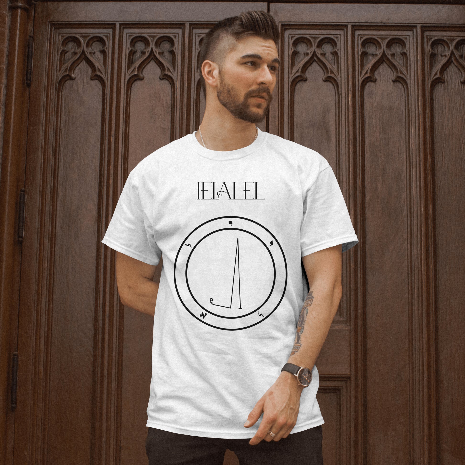 Model wearing No.58 Ieialel Shem Hamephorash Guardian Angel T-Shirt in White with symbol of Ieialel on front. 