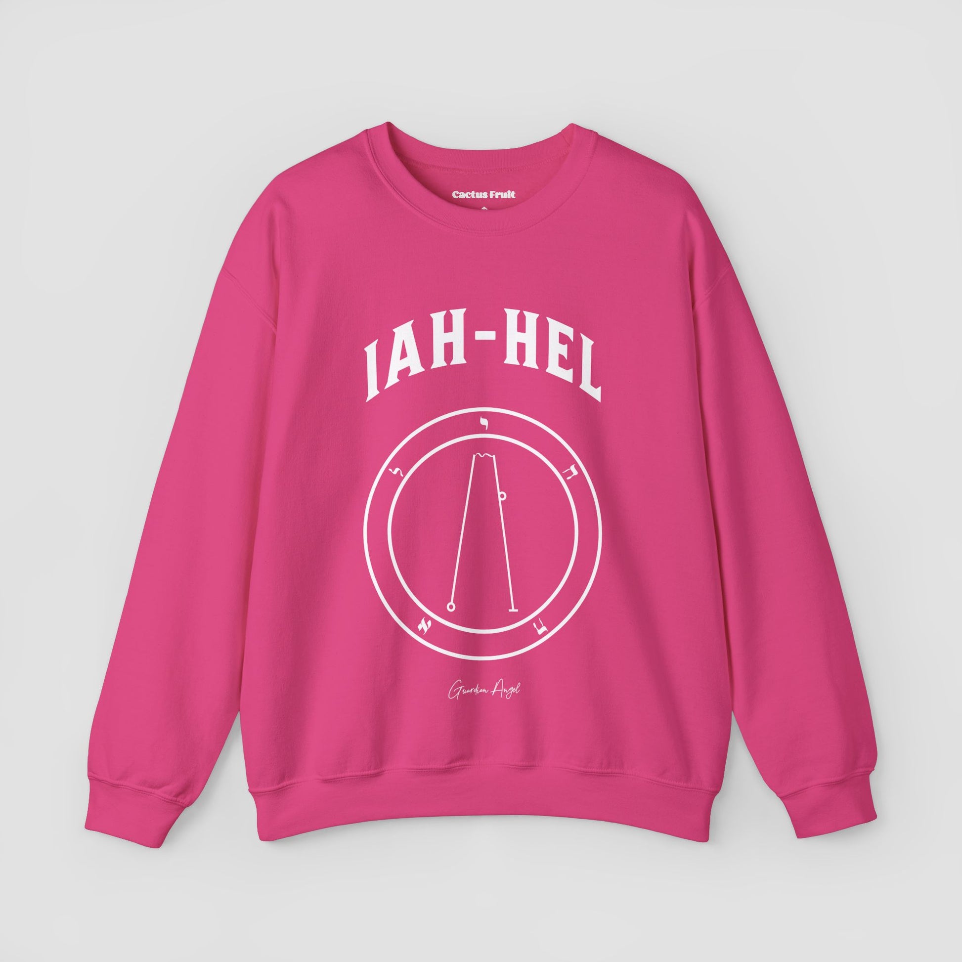 No.62  Shemhamphorasch Guardian Angel "Iah-Hel"  Sweatshirt  in Heliconia Pink With the seal of Iah-Hel in white print on the front.