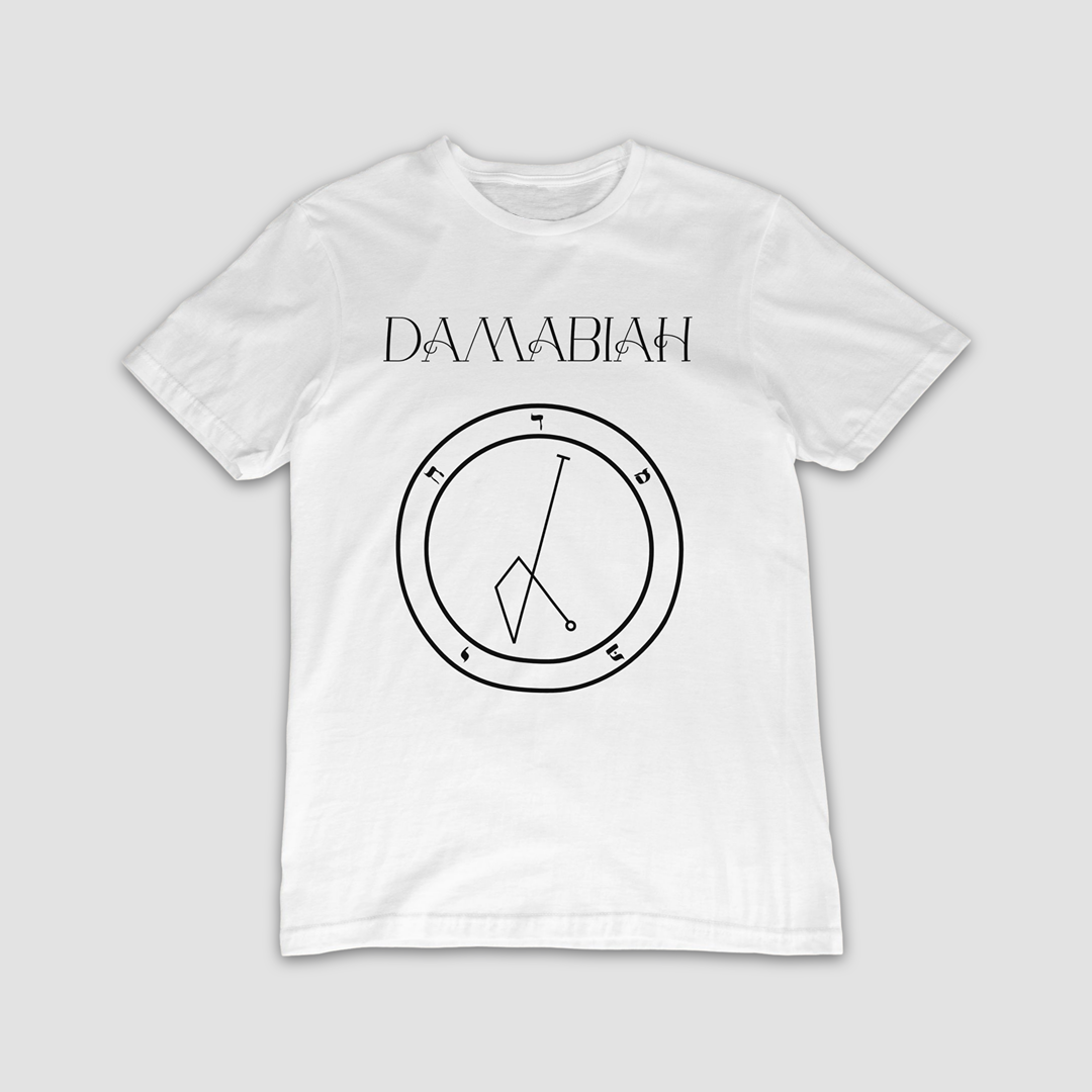 No.65 Damabiah Shem Hamephorash Guardian Angel T-Shirt in White with symbol of Damabiah on front. 