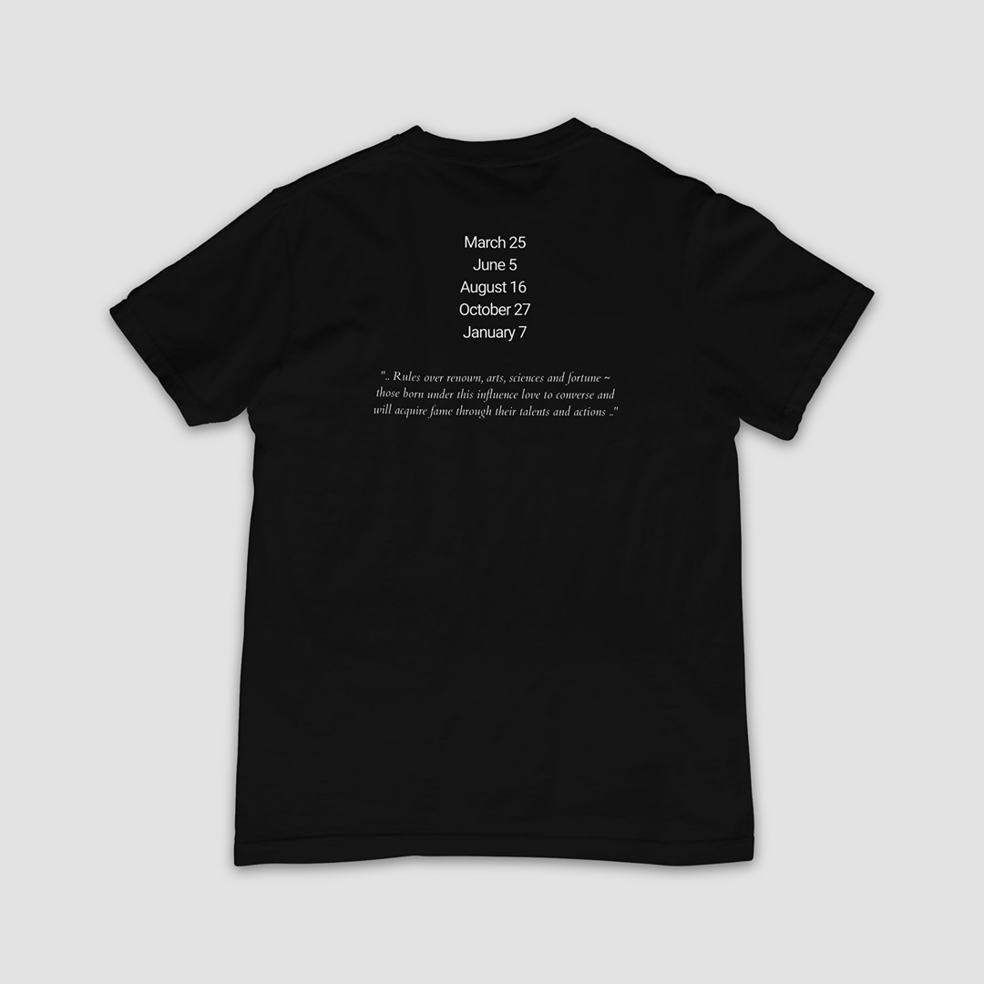 Attributes of No.6_Lelahel Shem Hamephorash Guardian Angel written on the back of a black T-Shirt