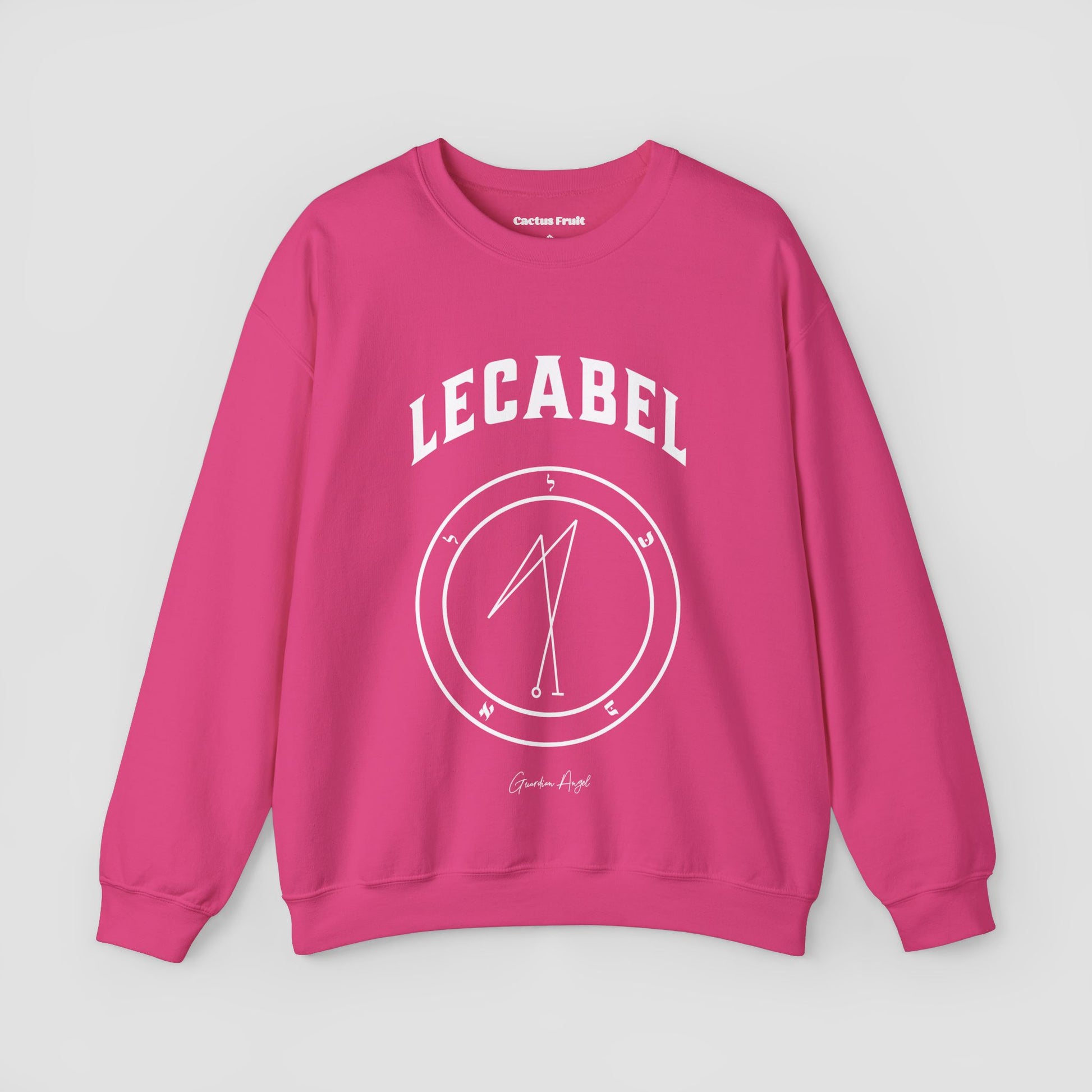 No.31 Shemhamphorasch Guardian Angel "Lecabel"  Sweatshirt  in Heliconia Pink. With the seal of Lecabel in white print on the front