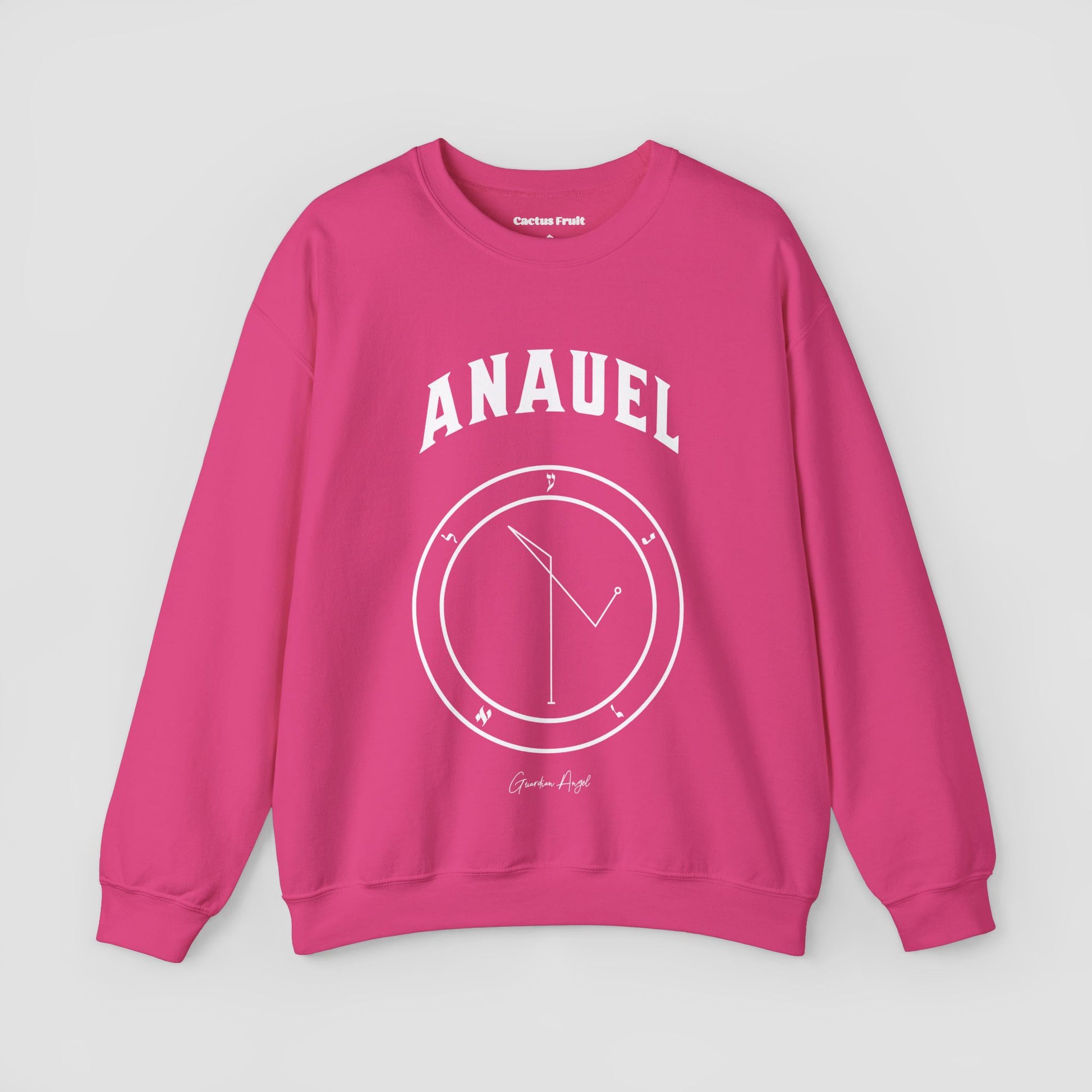 No.63  Shemhamphorasch Guardian Angel "Anauel"  Sweatshirt  in Heliconia Pink. With the seal of Anauel in white print on the front.