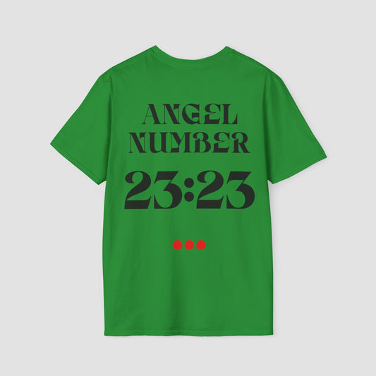  Irish Green Tee with Angel Number 23:23 depicted on the back in black print and underscored by 3 red dots. A slogan is written across the front saying, "Read the signs" . 