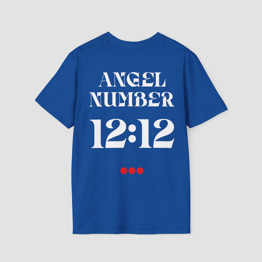 Blue t-shirt with 'ANGEL NUMBER 12:12' printed on the back against a light gray background