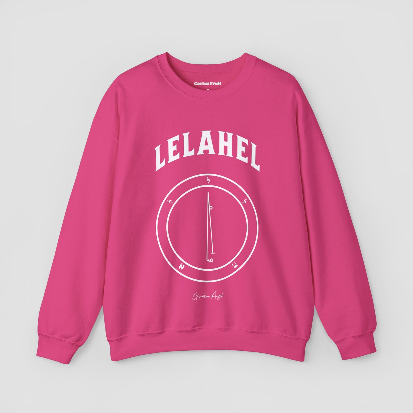 No.6 Shemhamphorasch Guardian Angel "Lelahel"  Sweatshirt  in Heliconia Pink. With the seal of Lelahel in white print on the front. 