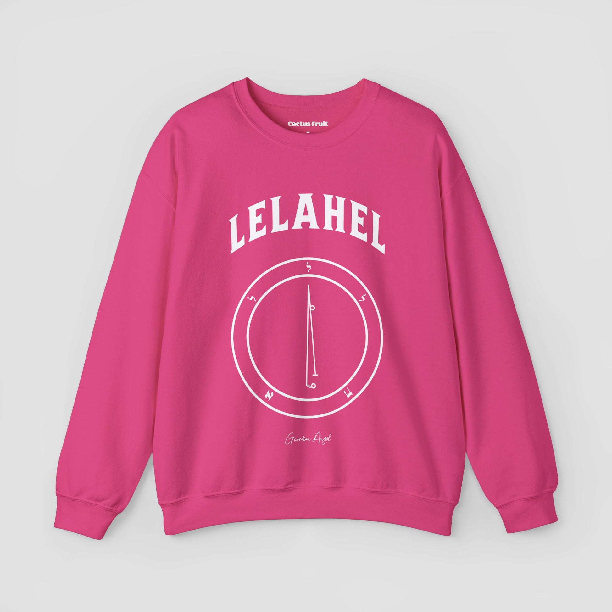 No.6 Shemhamphorasch Guardian Angel "Lelahel"  Sweatshirt  in Heliconia Pink. With the seal of Lelahel in white print on the front. 