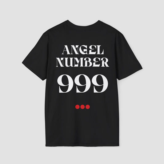 Black Tee with Angel Number 999 depicted on the back in white print and underscored by 3 red dots. A slogan is written across the front saying, "Read the signs" . 