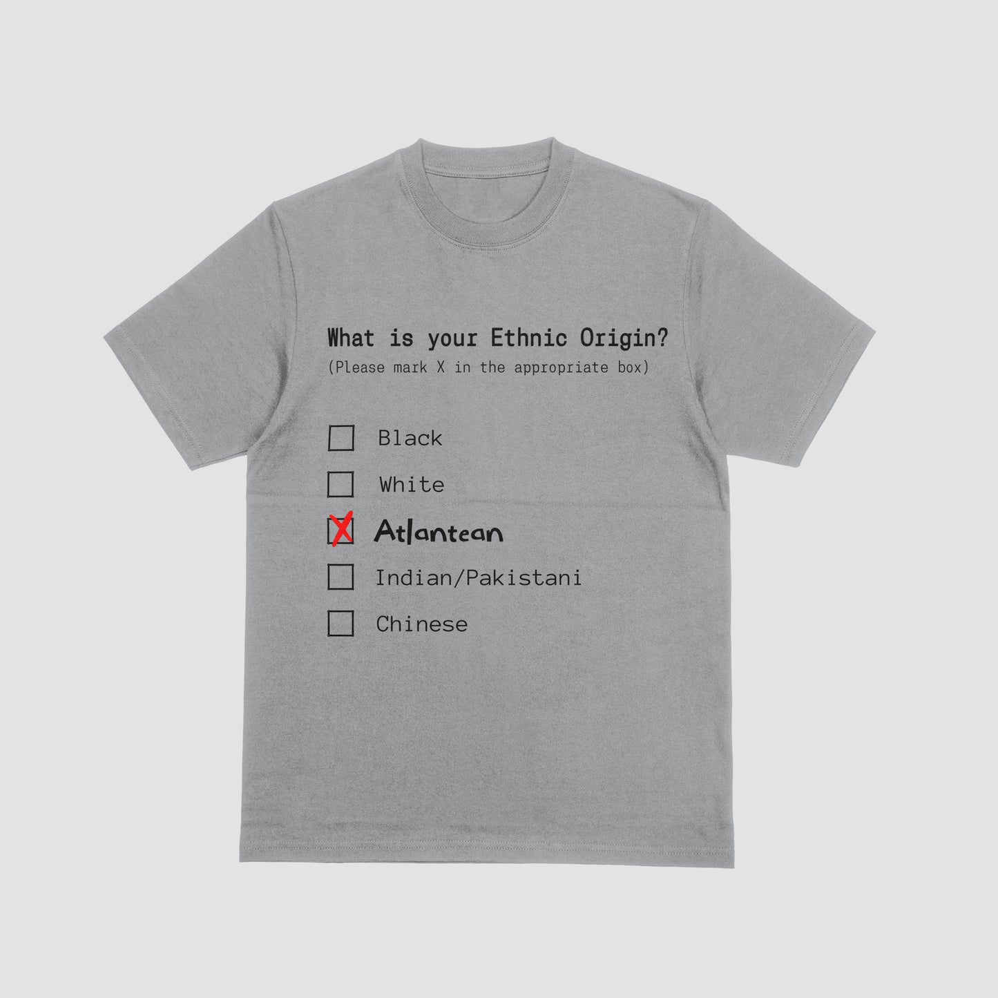 Gray t-shirt with a humorous ethnic origin questionnaire design on a light gray background