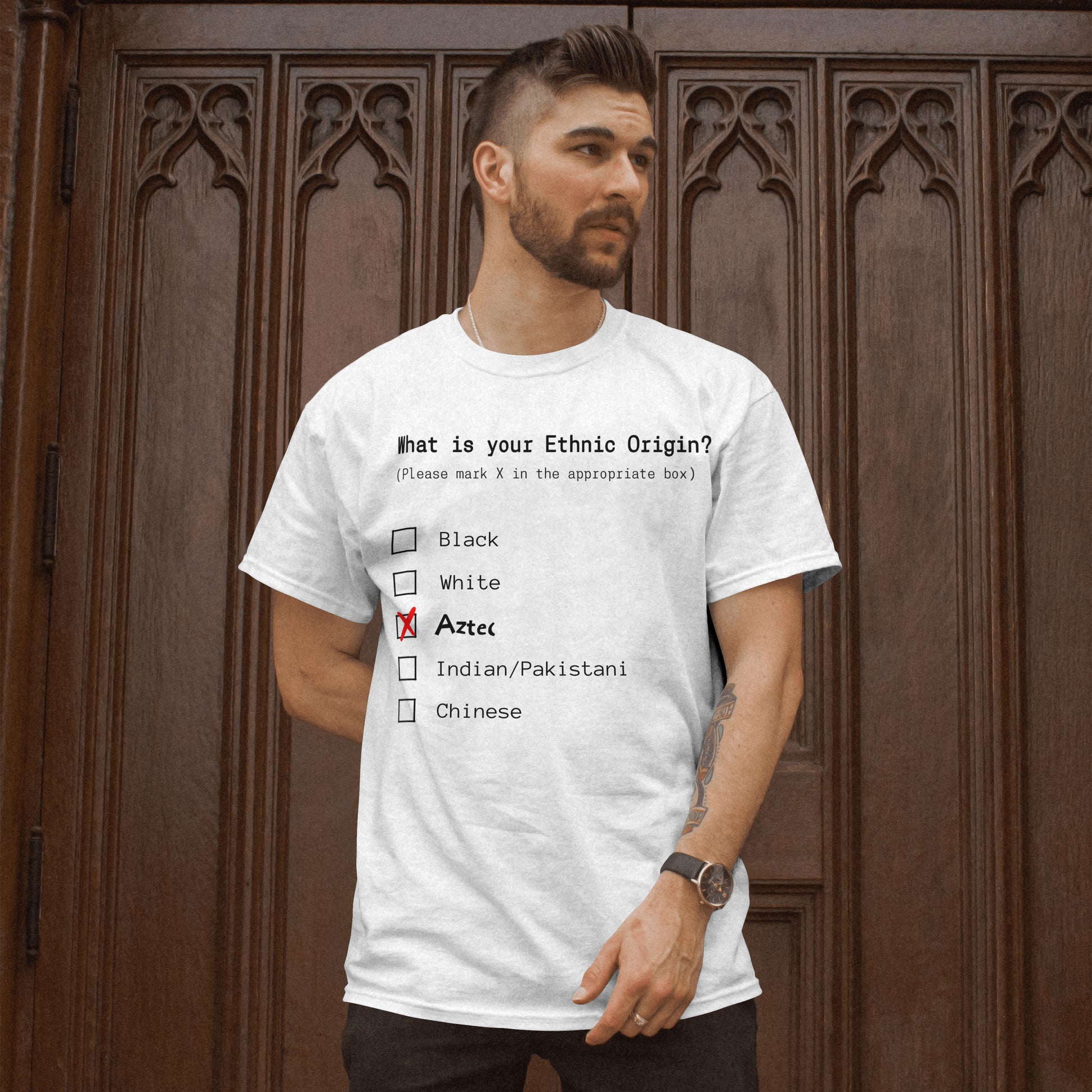 Model wearing an Aztec ethnicity T-Shirt in White