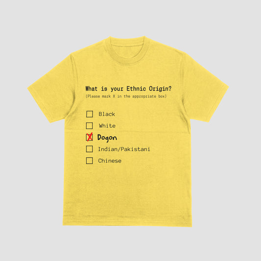 Yellow t-shirt with an ethnic origin questionnaire design on a light gray background