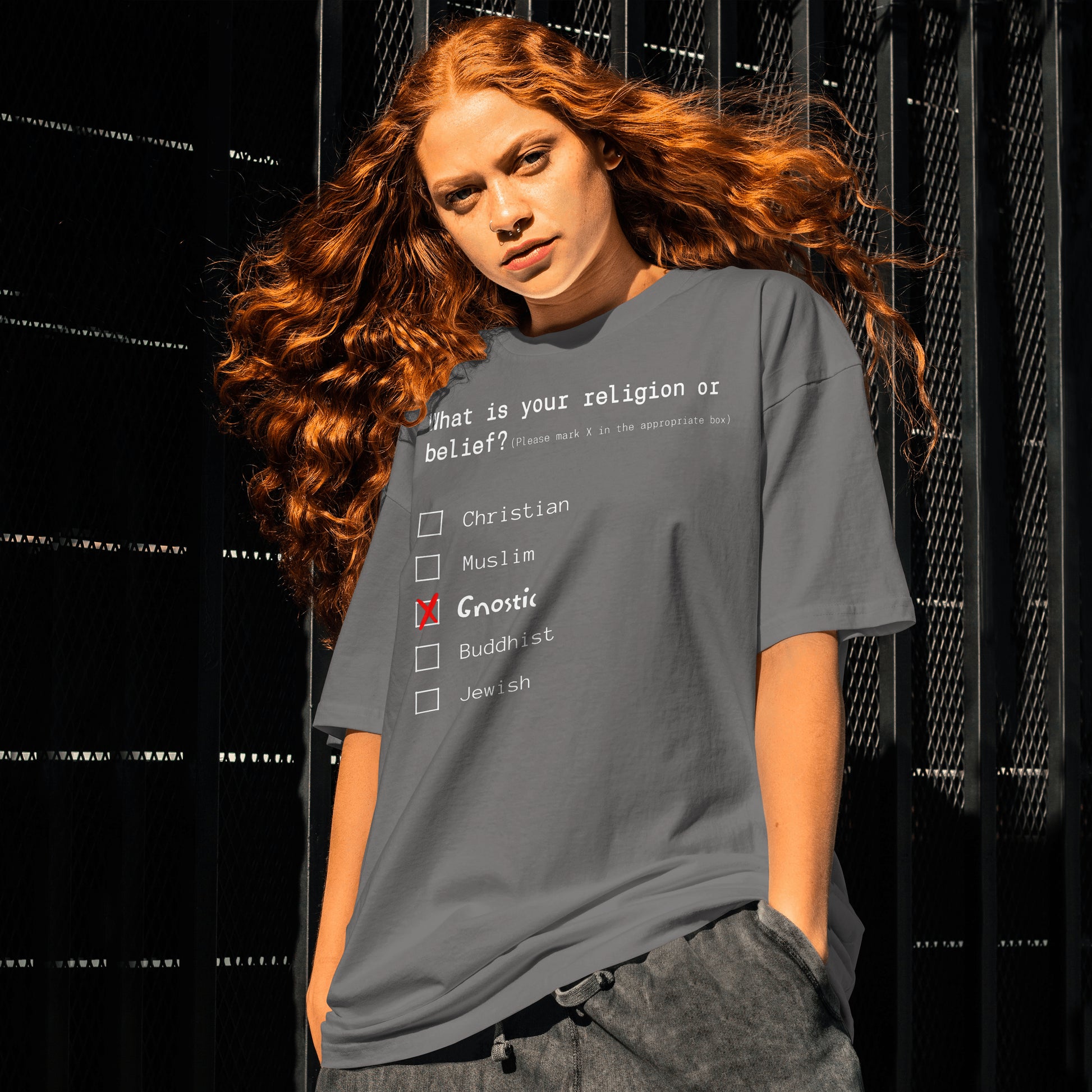 Model wearing a Gnostic Religion T-Shirt in Charcoal