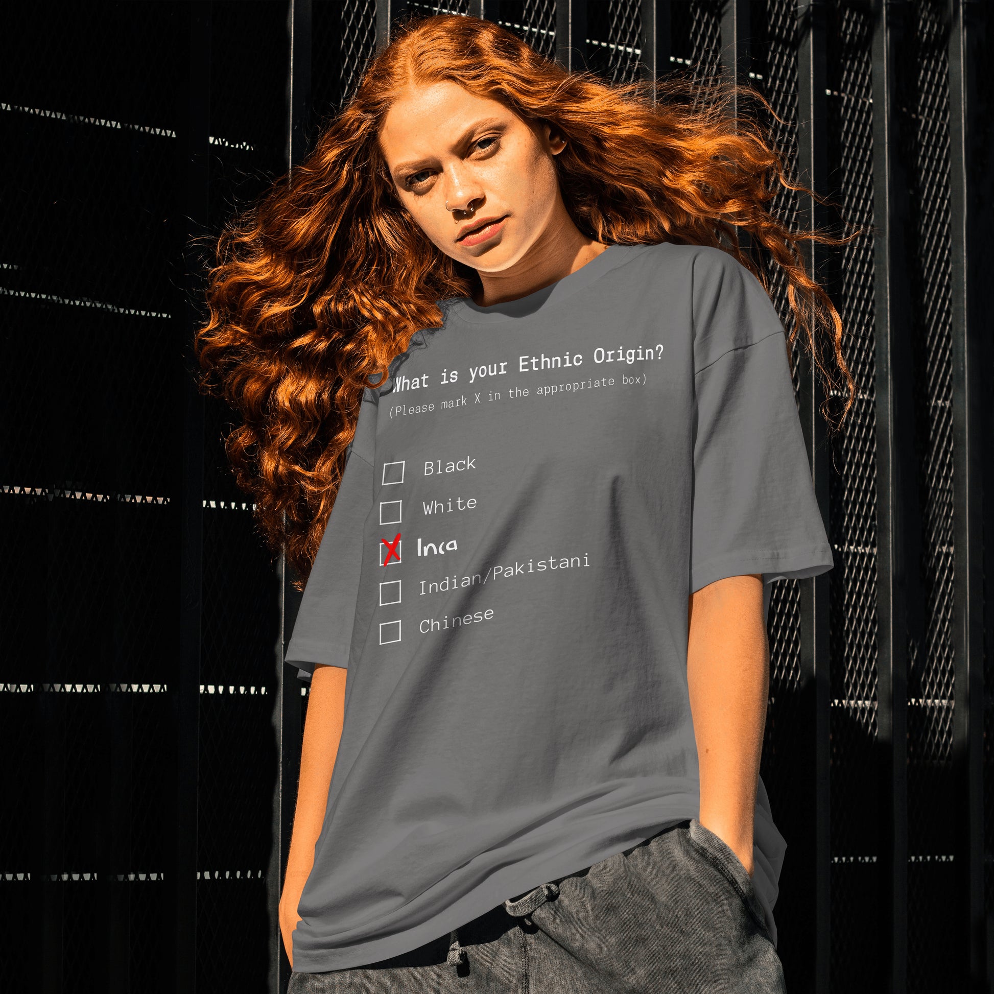 Model wearing an Inca ethnicity T-Shirt in Charcoal