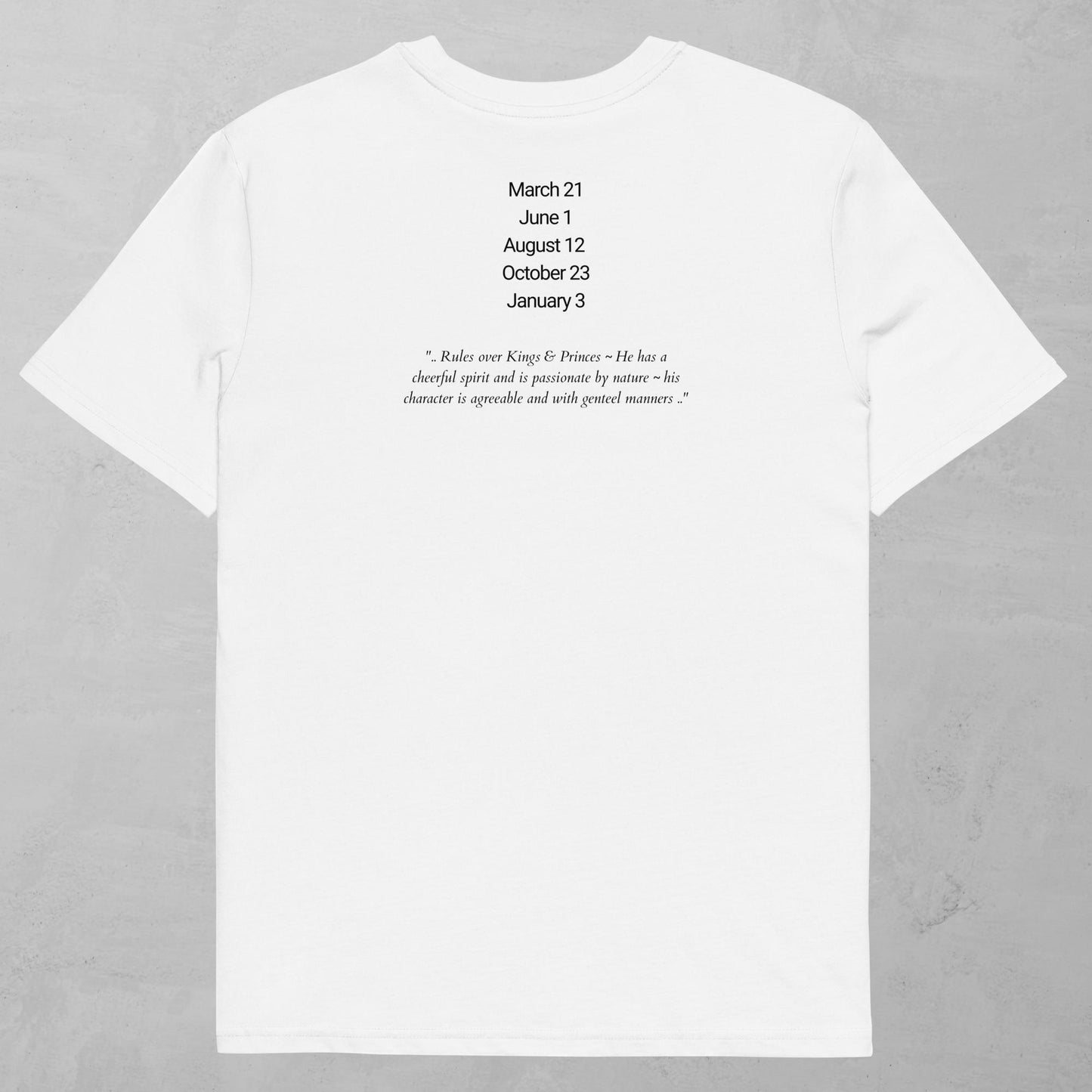 Jeliel Guardian Angel T-Shirt in White with attributes of Jeliel written on the back. 