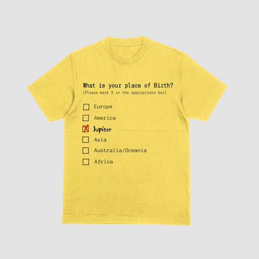 Yellow t-shirt with a humorous quiz design on a light gray background