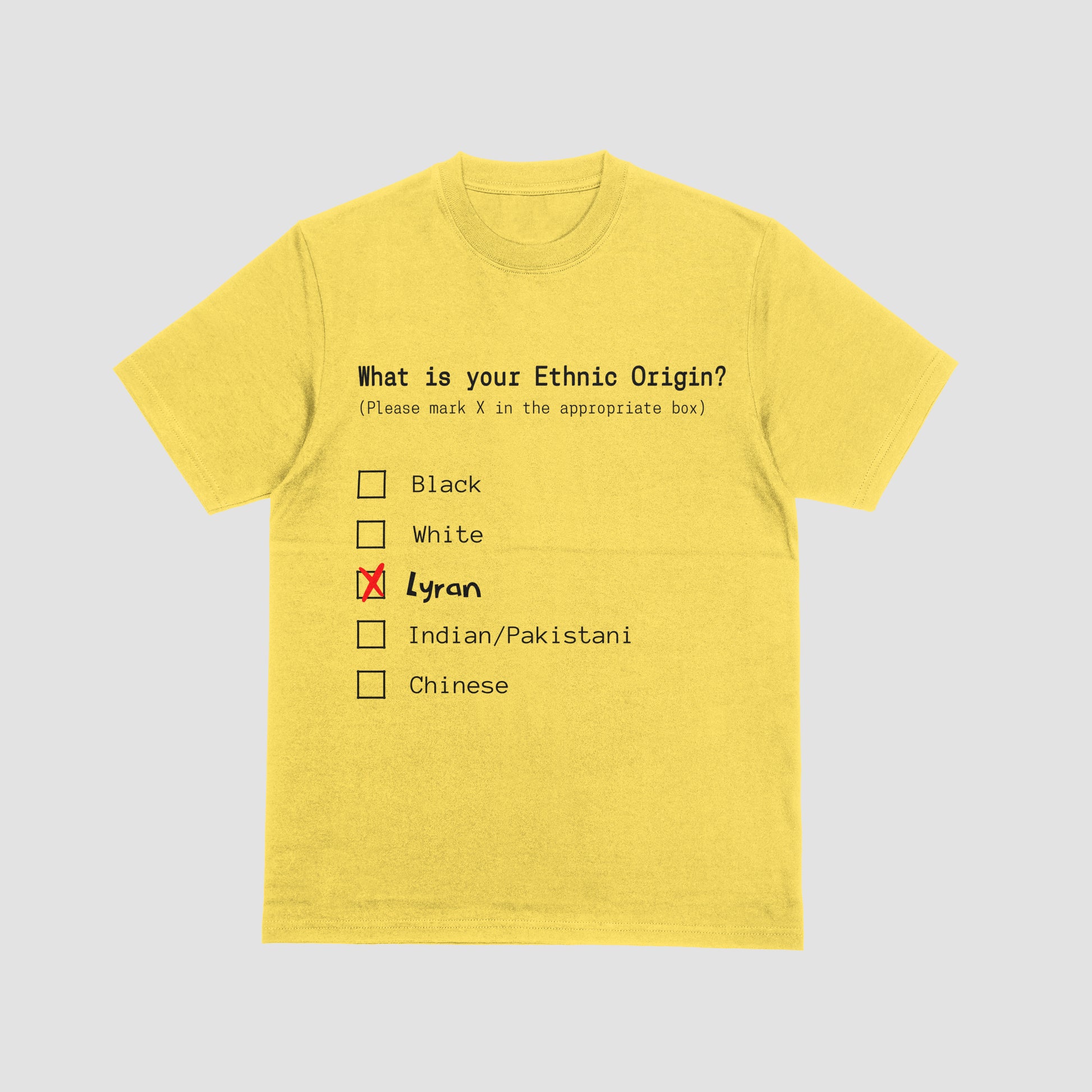 Yellow t-shirt with a humorous ethnic origin questionnaire on a light gray background