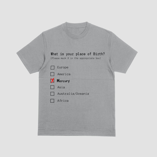 Gray t-shirt with a humorous birthplace checklist design on a light gray background